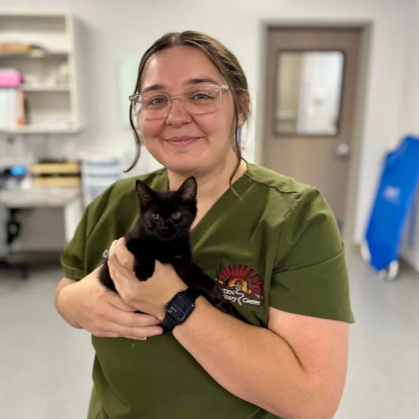 A person in a green uniform holds a small black kitten in a veterinary clinic.
